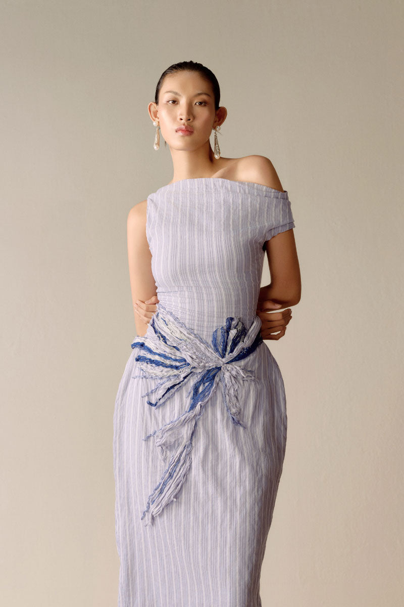 Blue embroidered pinstripe off-shoulder midi dress by Lecia, featuring a stylish off-the-shoulder neckline and intricate embroidery.
