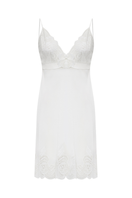 Bocan Couture Miss Alba short nightgown with off-white lace, soft fabric, and delicate lace detailing on the hem and neckline.