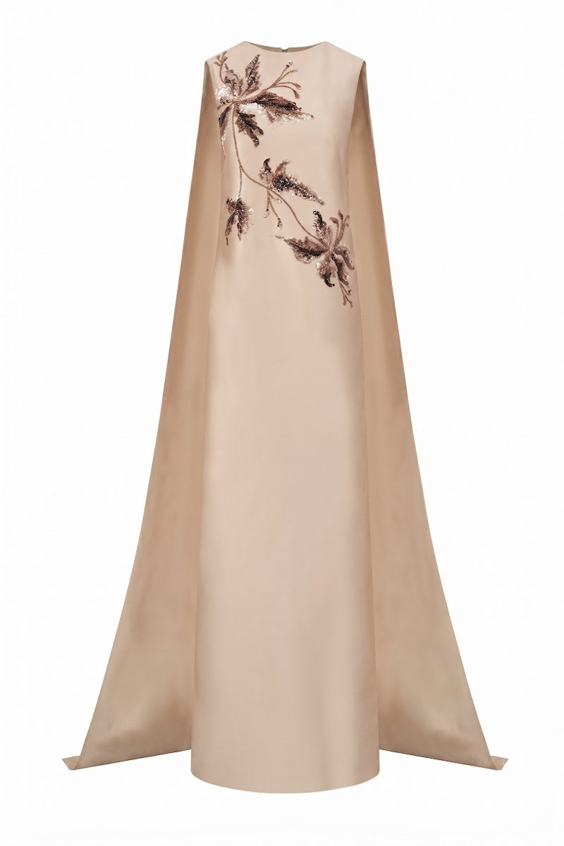 Beige Lysandra Royal Taffeta gown by 21Six, elegant floor-length dress with a fitted bodice and flowing skirt, perfect for formal occasions.