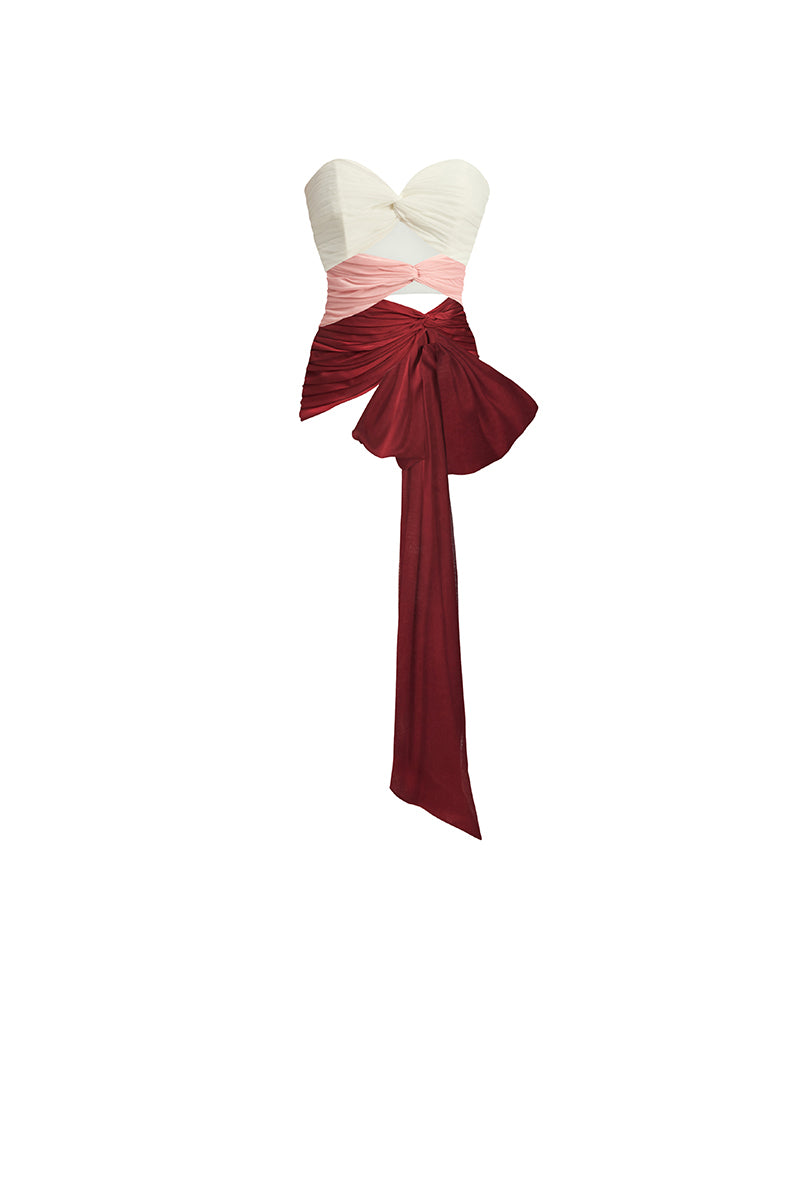 Three-tone burgundy bustier top by Stolen Stores, featuring a fitted design and stylish layered fabric details.