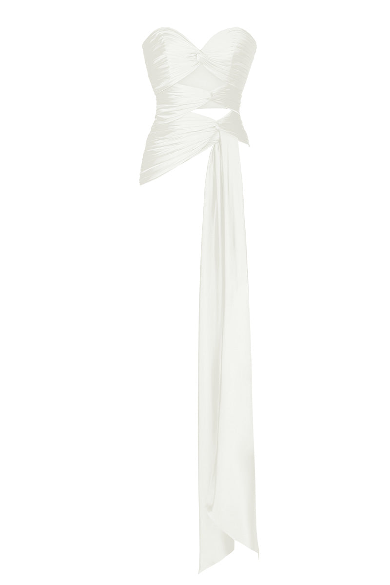 Ivory white 3-carat bustier top by Stolen Stores, showcasing a fitted design with intricate detailing and a stylish neckline.