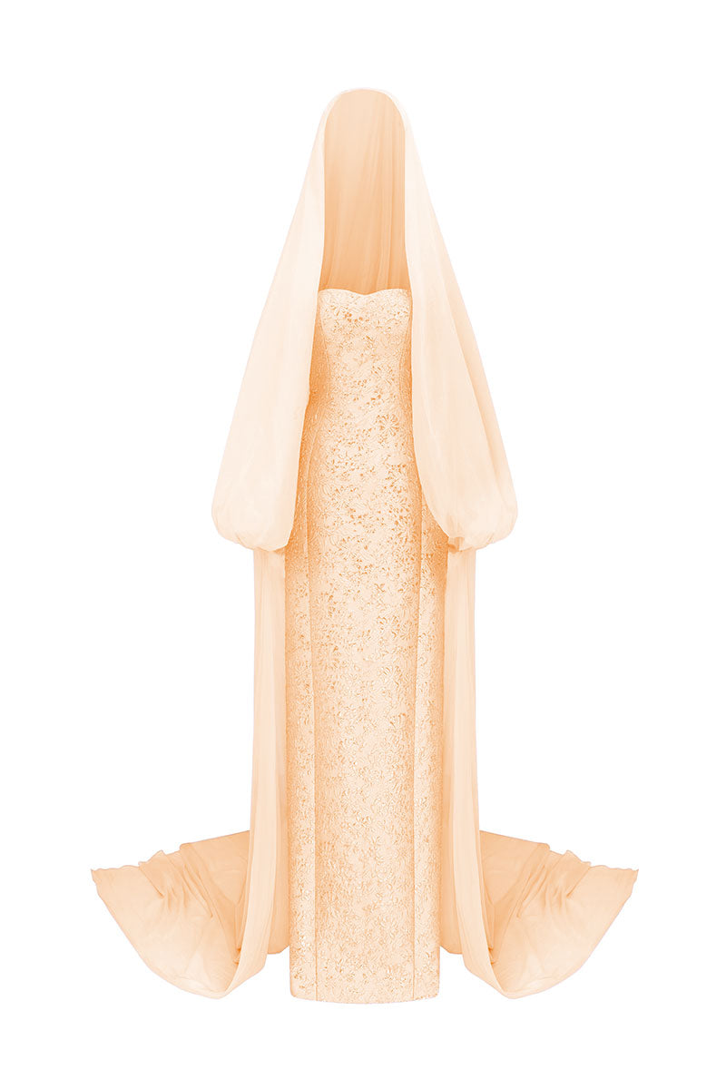 Apricot jacquard maxi gown with hooded veil cape from Tracy Studio, elegant evening dress with intricate floral patterns.