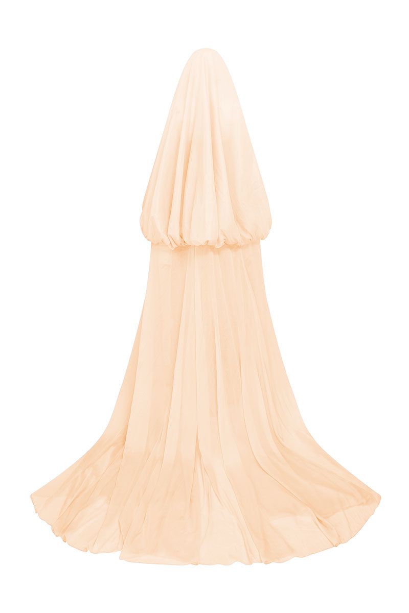 Apricot jacquard maxi gown with hooded veil cape by Tracy Studio, elegant evening dress featuring intricate fabric details.