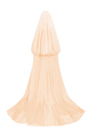 Apricot Jacquard gown with hooded veil cape by Tracy Studio, featuring intricate fabric patterns and elegant design details.