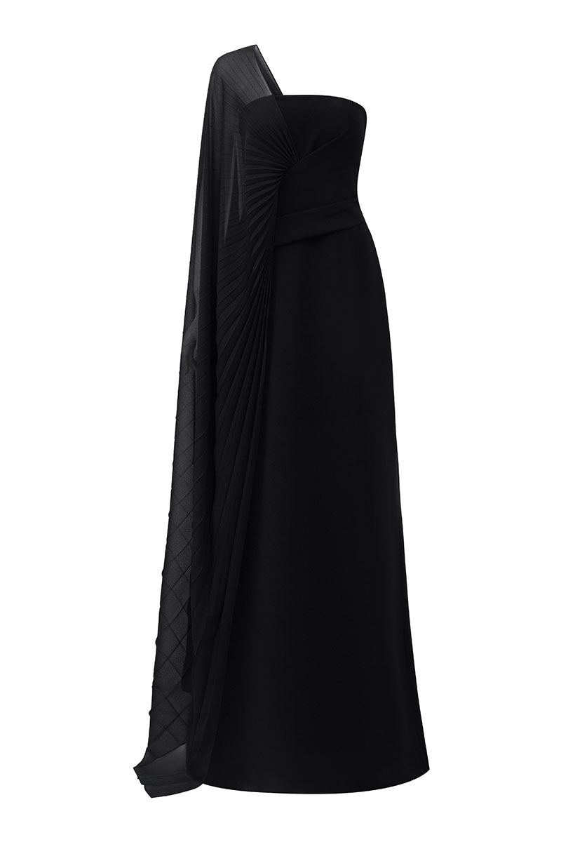 Black chiffon asymmetric cape sleeve maxi dress by Tracy Studio, flowing and elegant with draped cape sleeves.