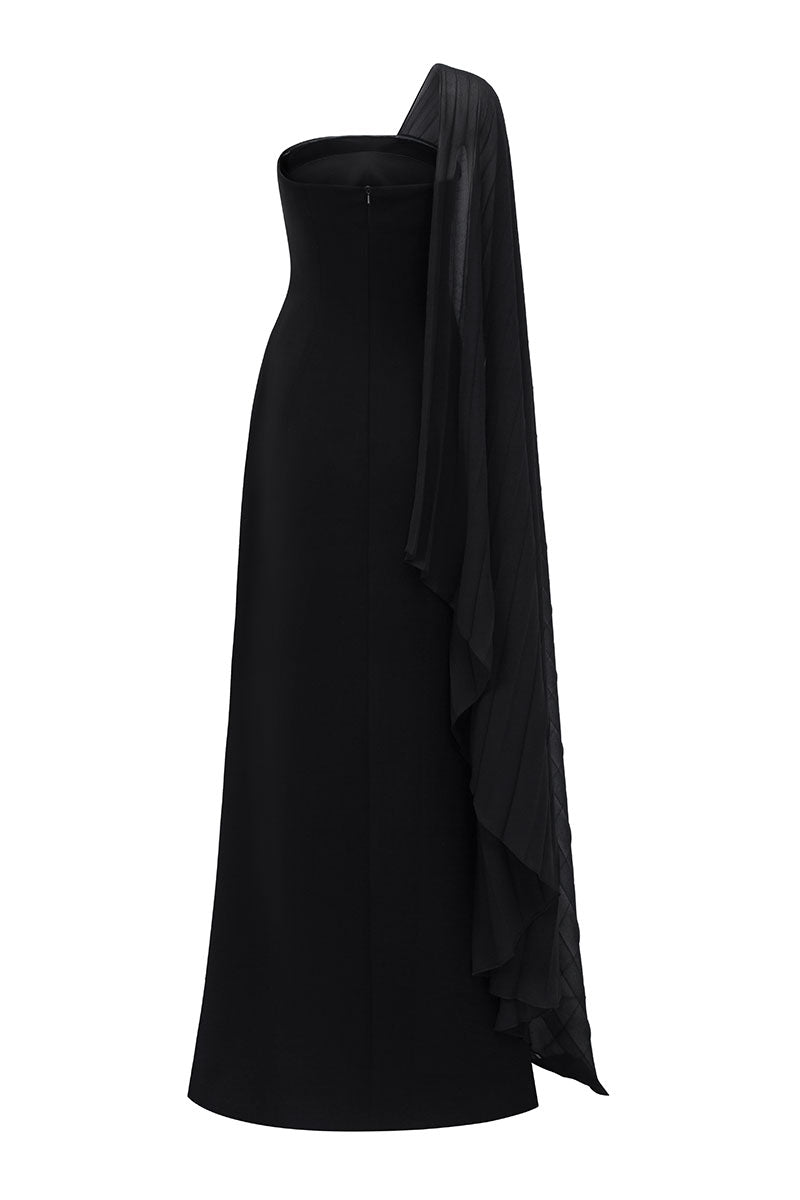 Black chiffon asymmetric cape sleeve maxi dress by Tracy Studio, flowing elegant design with layered fabric and dramatic silhouette.