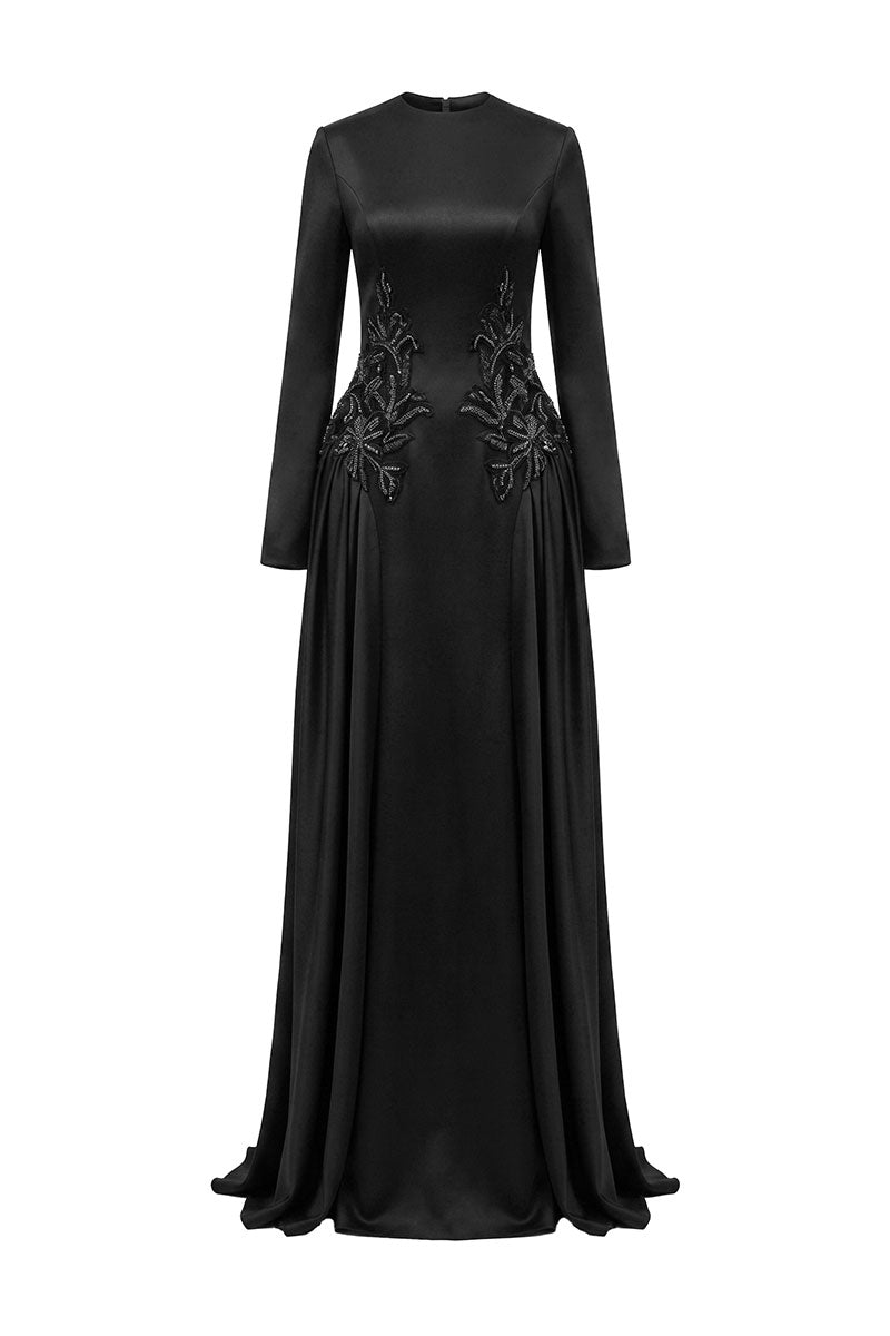Black long sleeve taffeta mikado maxi dress by Tracy Studio, featuring a sleek design and elegant silhouette.