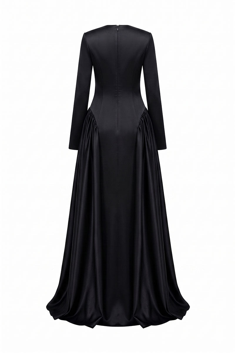 Black long sleeve taffeta mikado maxi dress by Tracy Studio, featuring elegant design and structured fabric.