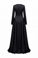 Black long sleeve taffeta mikado gown by Tracy Studio, elegant evening dress with a fitted silhouette and smooth fabric.