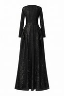 Black beading lace high neck gown by Tracy Studio featuring intricate 3D lace details and a sophisticated high neckline.