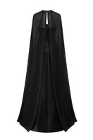 Black taffeta gown with matching cape by Tracy Studio, elegant formal dress with intricate detailing and flowing fabric.