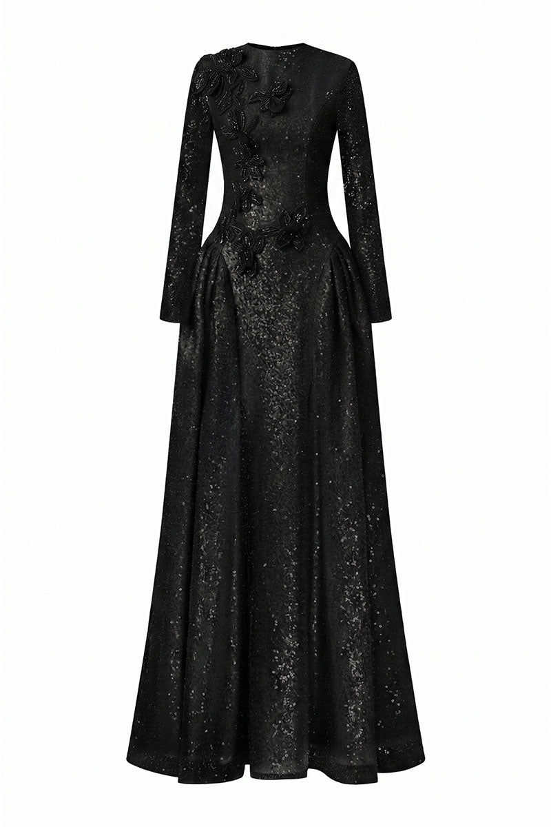 Black beading lace high neck maxi dress by Tracy Studio, featuring intricate lace details and a flowing silhouette.