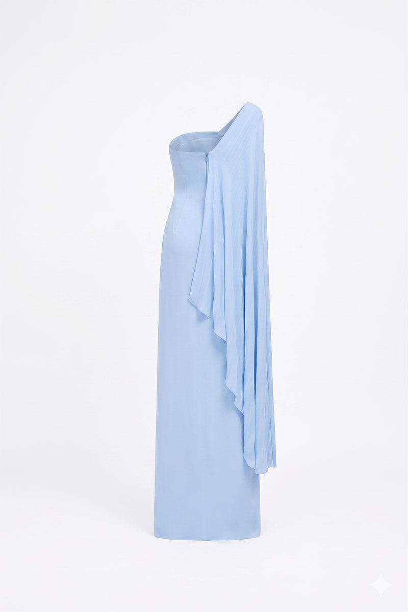 Blue chiffon asymmetric cape sleeve maxi dress by Tracy Studio featuring flowing fabric and elegant design.