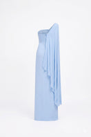 Blue chiffon asymmetric cape sleeve gown by Tracy Studio featuring flowing fabric and elegant design for formal occasions.