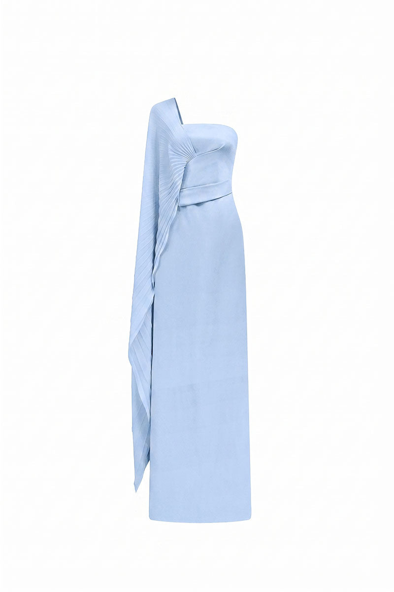 Blue chiffon asymmetric cape sleeve maxi dress by Tracy Studio, flowing floor-length gown with elegant cape detail.