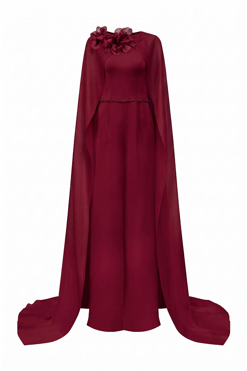 Elegant burgundy satin jumpsuit with 3D floral embellishments from Tracy Studio, featuring a sleek maxi dress style.