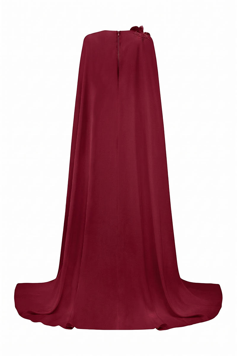 Burgundy satin maxi jumpsuit with 3D floral embellishments by Tracy Studio, featuring a sleek design and elegant fit.
