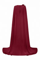 Elegant burgundy satin jumpsuit with 3D floral embellishments by Tracy Studio, featuring a stylish and sophisticated design.