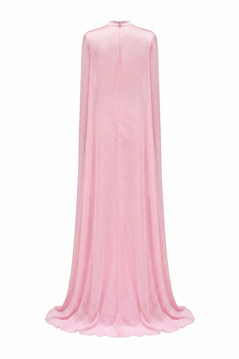 Pink chiffon floral maxi dress with long sleeve cape by Tracy Studio, flowing fabric and elegant design.