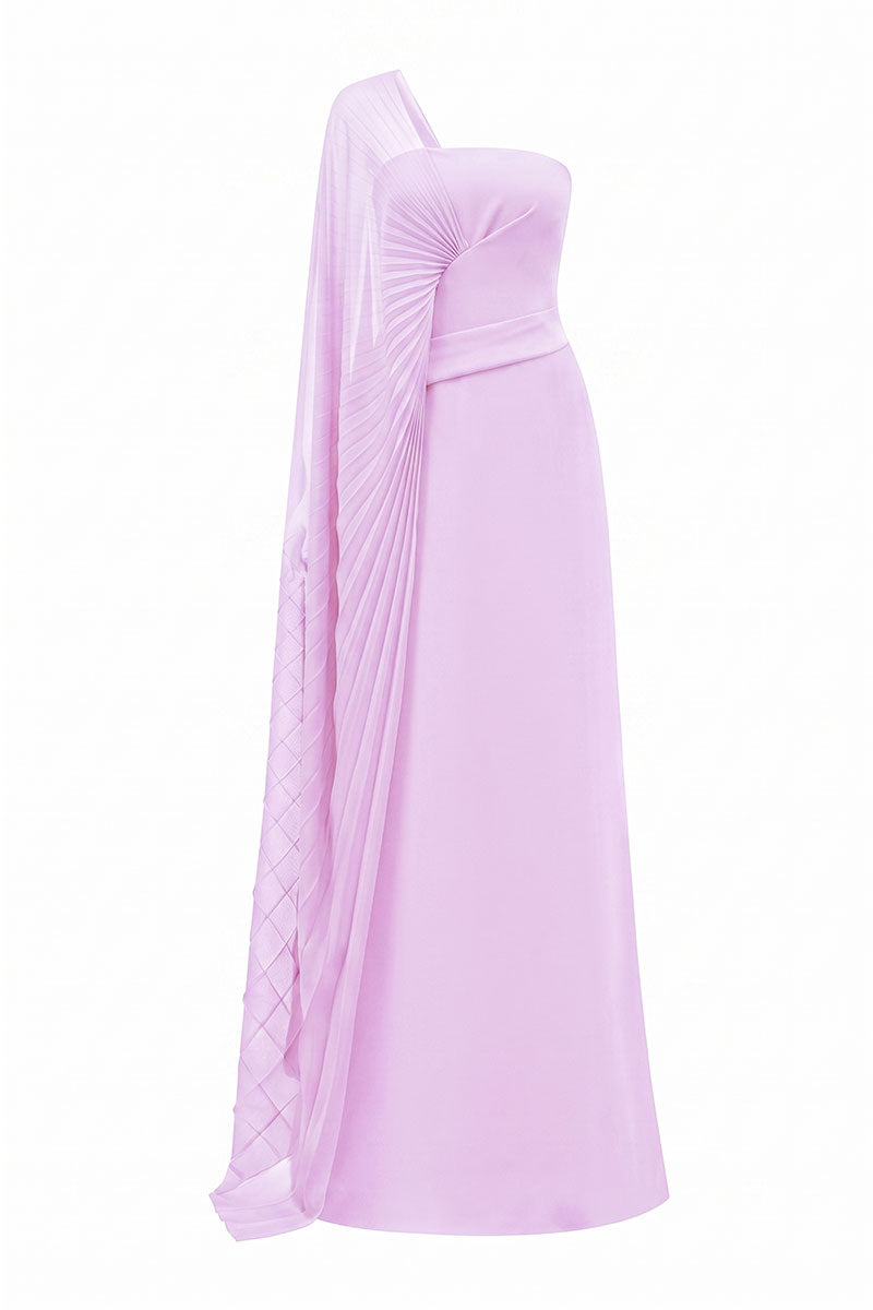 Purple velvet satin asymmetric cape sleeve maxi dress by Tracy Studio, flowing fabric with elegant cape detail and stylish design.