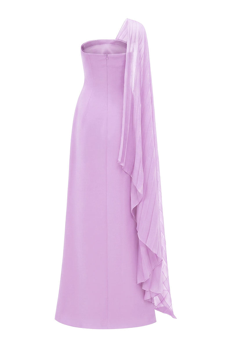 Purple velvet satin asymmetric cape sleeve maxi dress by Tracy Studio, flowing fabric with elegant drape and stylish cape sleeves.