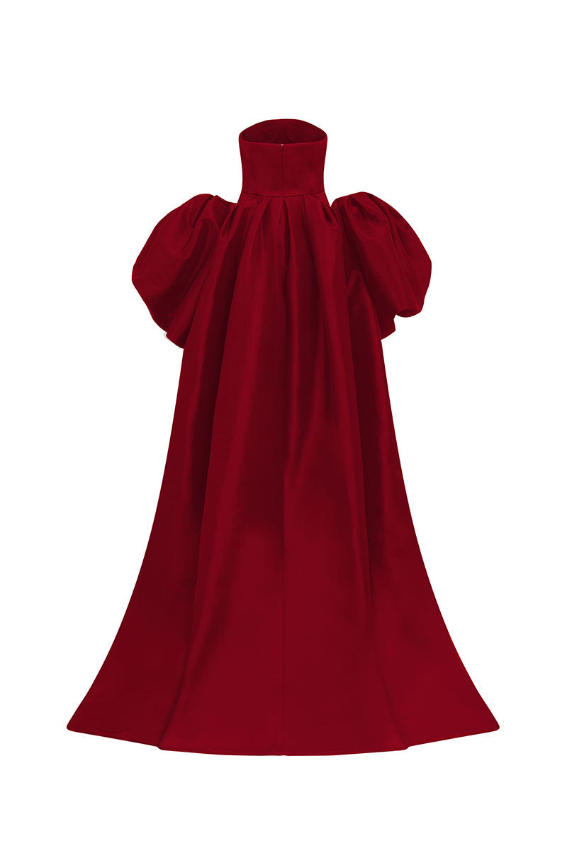 Red taffeta mikado mini dress with long sleeves by Tracy Studio, featuring a stylish and elegant design.