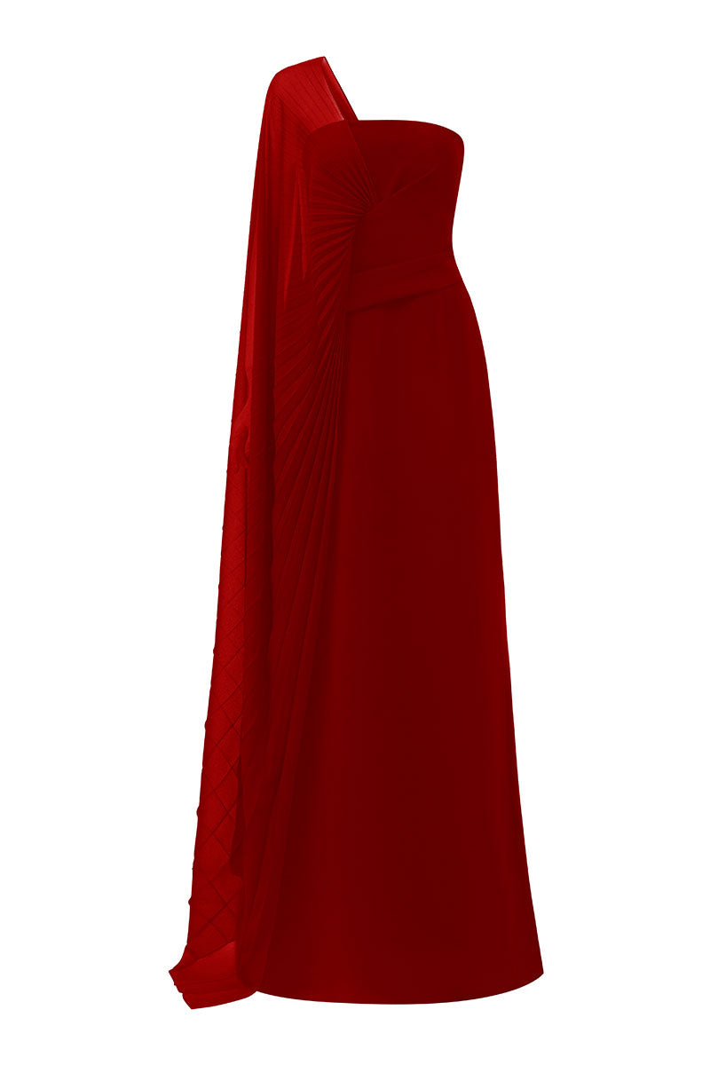 Red velvet satin asymmetric cape sleeve maxi dress by Tracy Studio, flowing fabric with elegant cape-style sleeves.