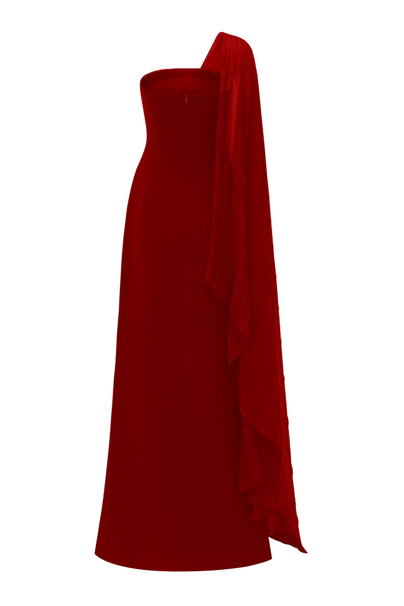 VELVET SATIN ASYMMETRIC CAPE SLEEVE DRESS | CULT MIA