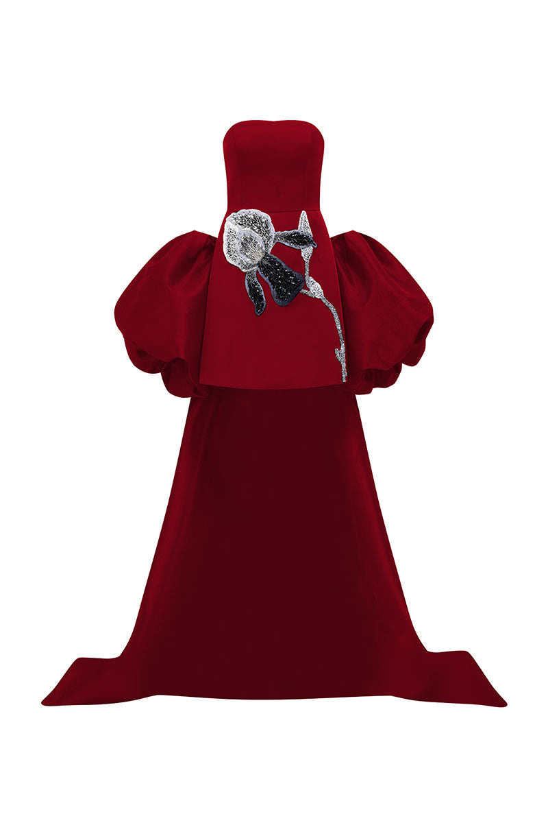 Red TAFFETA MIKADO mini dress with sleeves by Tracy Studio, featuring a sleek, structured design and elegant silhouette.