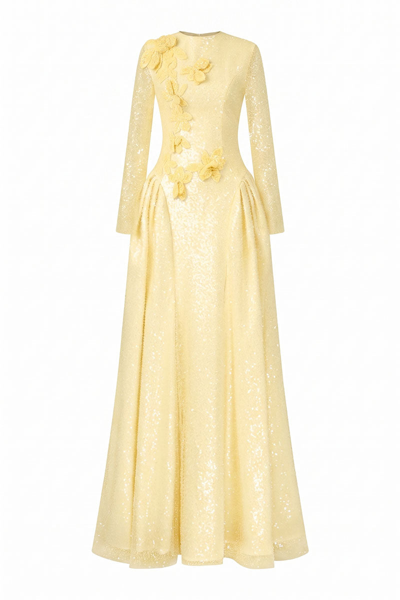 Yellow beading lace high neck maxi dress by Tracy Studio featuring intricate lace details and a flowing silhouette.