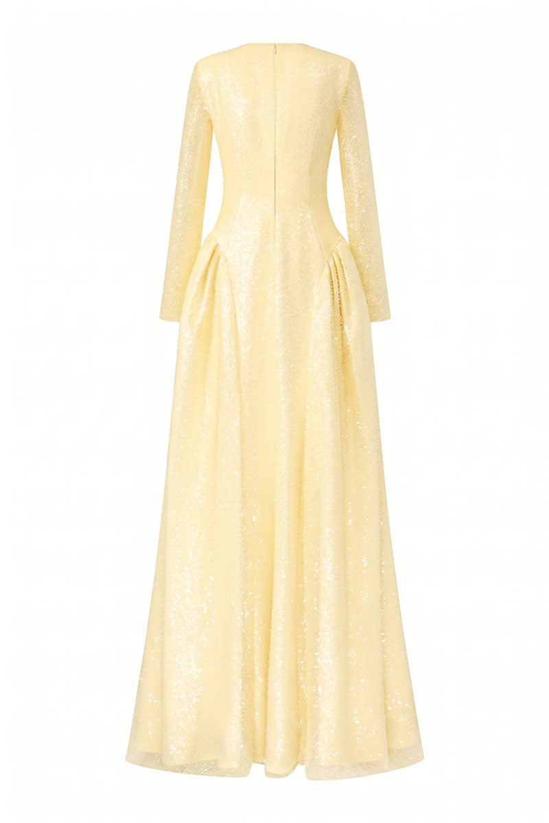 Yellow beading lace high neck maxi dress by Tracy Studio, featuring intricate lace details and a flowing silhouette.