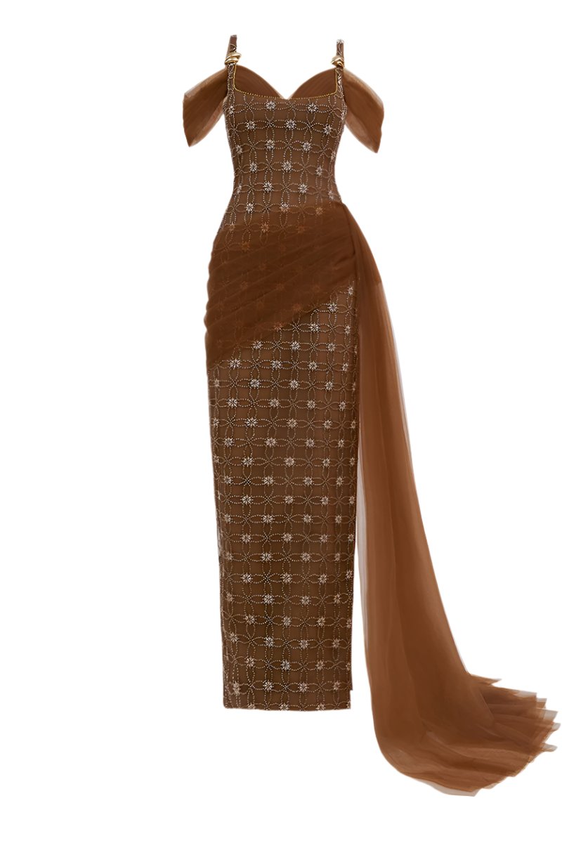 CRYSTAL MAXI DRESS IN BROWN - CULT MIA