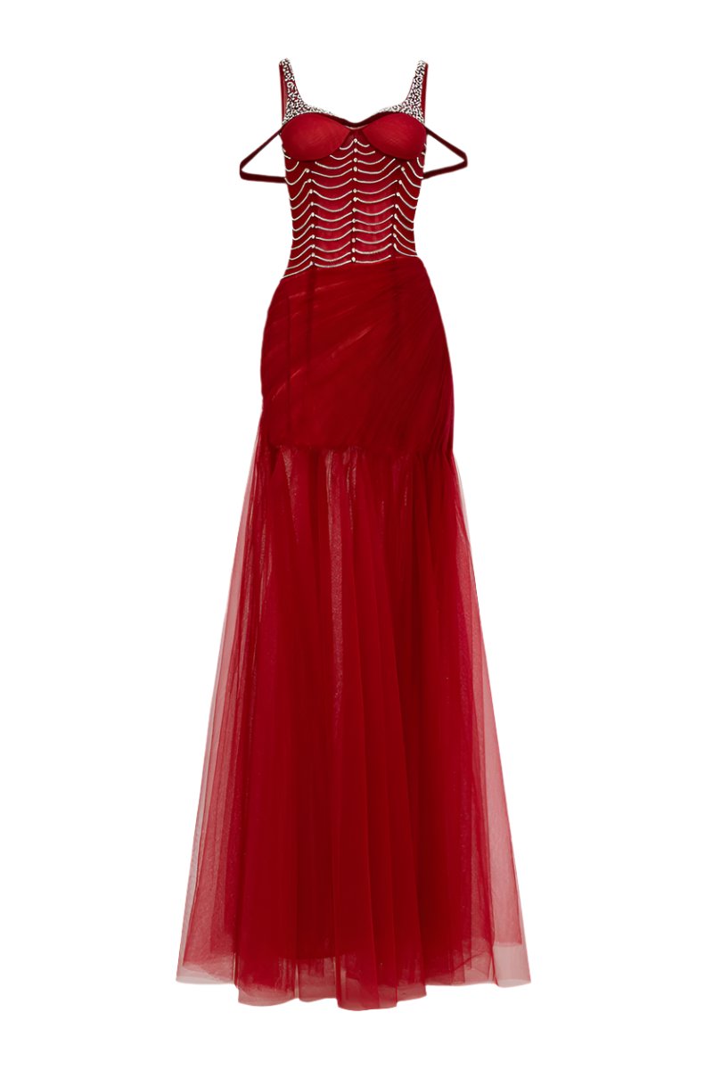 CRIMSON EMBELLISHED CORSET MESH MAXI DRESS IN RED - CULT MIA