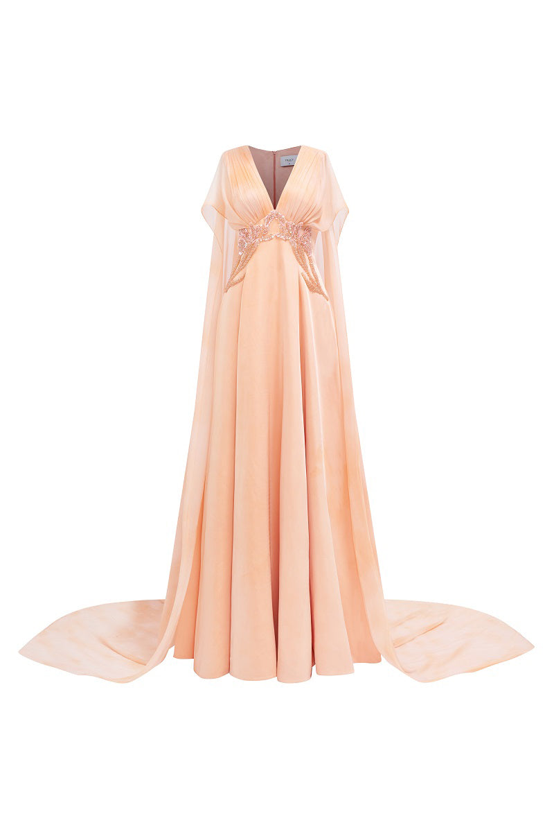 Apricot satin deep V-neck maxi dress by Tracy Studio, elegant flowy design with a fitted bodice and long skirt.