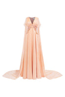 Deep V-neck satin gown by Tracy Studio in apricot, featuring smooth fabric and elegant design.
