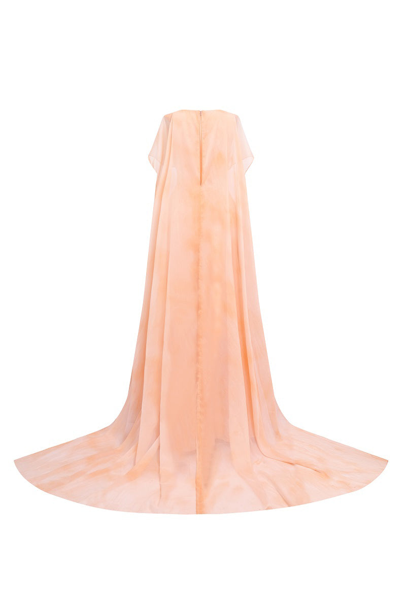 Apricot satin deep V-neck maxi dress by Tracy Studio, featuring flowing fabric and elegant design for formal occasions.