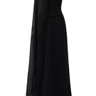 Black velvet satin gown with asymmetric cape sleeves by Tracy Studio, featuring elegant draping and a flowing silhouette.