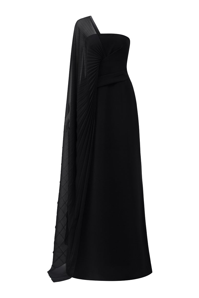 Black velvet satin asymmetric cape sleeve maxi dress by Tracy Studio, featuring flowing fabric and elegant drape.
