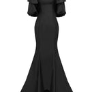 Black taffeta mermaid gown with a puffy cape from Tracy Studio, featuring fitted silhouette and elegant flowing fabric.