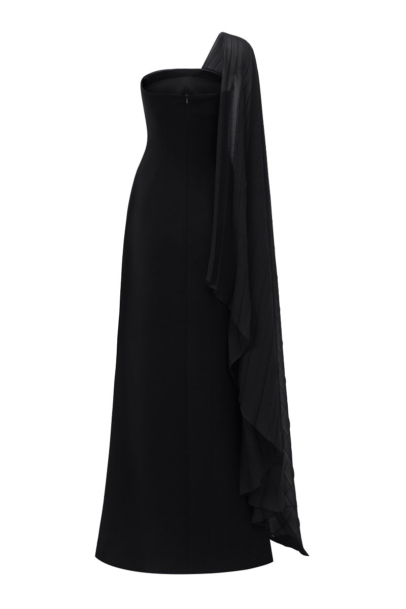 Black velvet satin asymmetric cape sleeve maxi dress by Tracy Studio, flowing design with elegant cape sleeves.
