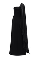 Black velvet satin asymmetric cape sleeve gown by Tracy Studio, elegant evening dress with flowing cape detail and sleek silhouette.
