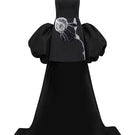 Black taffeta mikado mini dress with long sleeves from Tracy Studio, featuring a sleek, fitted silhouette and elegant design.