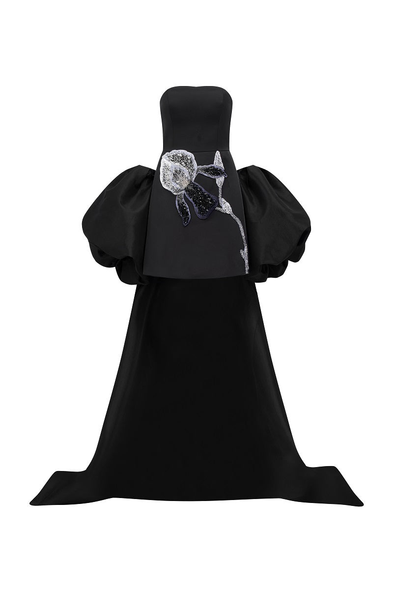 Black taffeta mikado mini dress with long sleeves from Tracy Studio, featuring a sleek, fitted silhouette and elegant design.