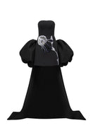Black taffeta mikado mini dress with long sleeves from Tracy Studio, featuring a sleek, fitted silhouette and elegant design.