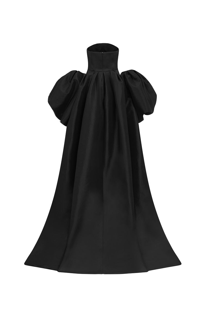 Black taffeta mikado mini dress with long sleeves by Tracy Studio, featuring a sleek, structured design and elegant silhouette.