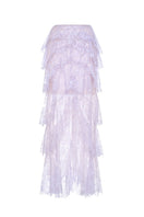 Violet floral high-low maxi skirt by Montsand featuring a flowing design and vibrant floral pattern.