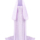 Elegant jacquard gown with hooded veil cape from Tracy Studio, featuring intricate patterns and flowing fabric.