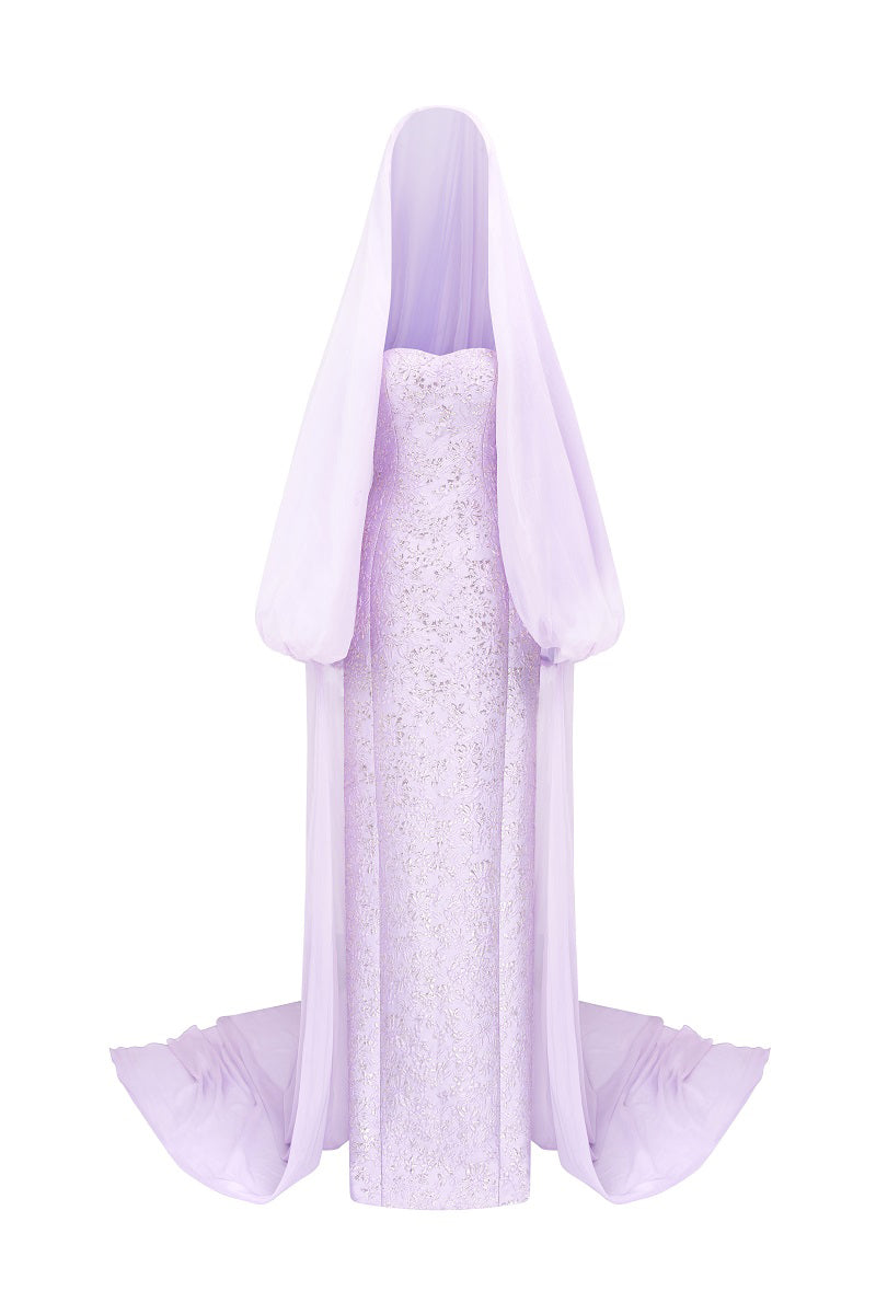 Tracy Studio jacquard maxi gown with a hooded veil cape, elegant evening dress with intricate fabric details and flowing silhouette.