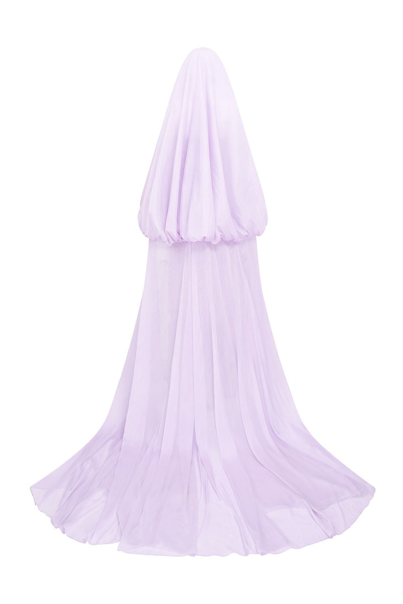 Elegant jacquard maxi gown by Tracy Studio featuring a hooded veil cape, intricate pattern, and flowing silhouette.