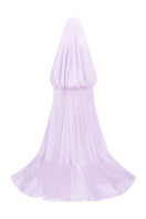 Elegant jacquard gown with a hooded veil cape by Tracy Studio, featuring intricate patterns and flowing fabric.